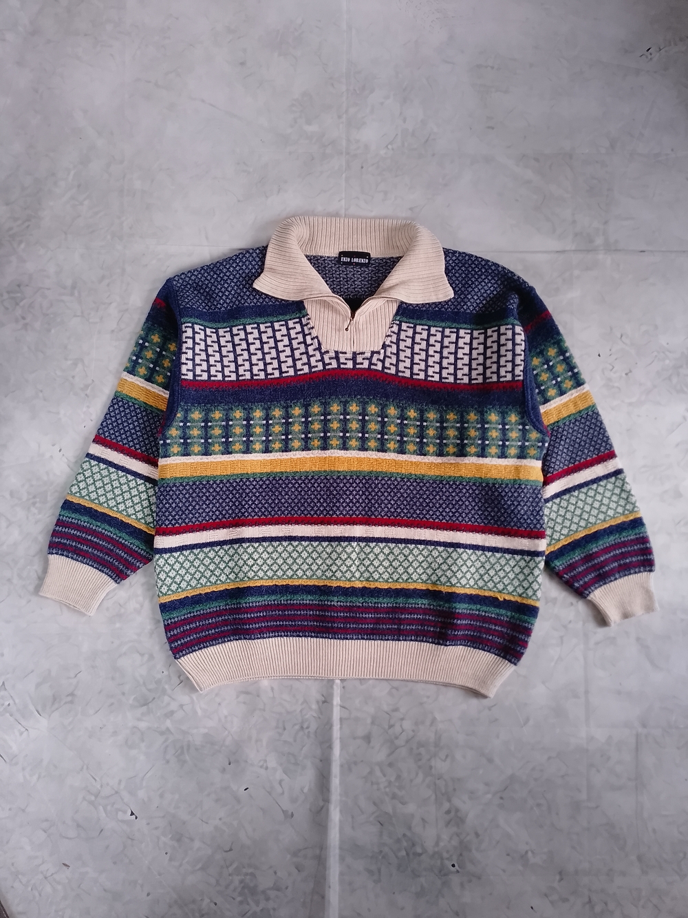 Vintage 90s Enzo Lorenzo WOOL Multicoloured Patterned Knit Sweater with Shawl Co